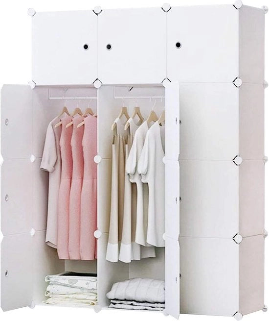 Armadio composto da 12 scatole, armadio modulare, armadio, sistema di aggancio con pannelli, armadio in plastica con porte e 2 attaccapanni, inclusi extra etichette adesive.