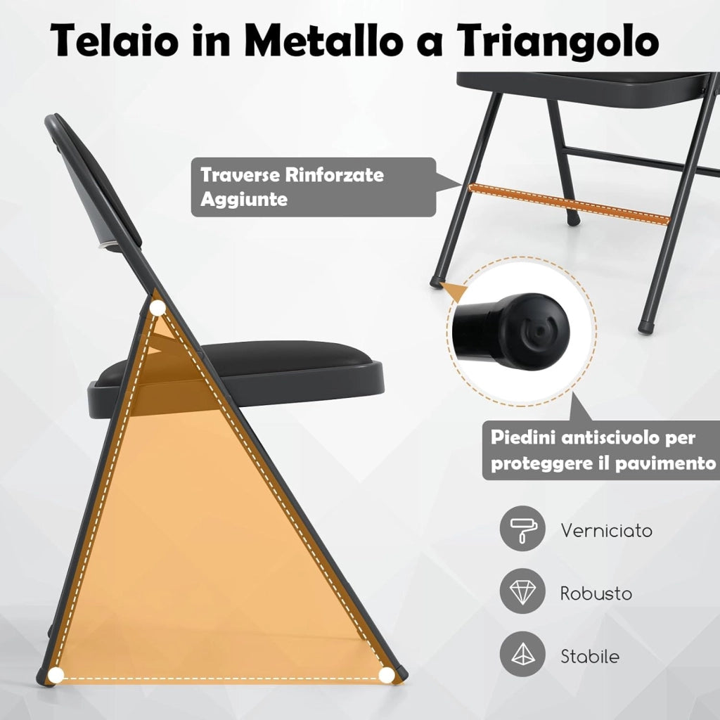 Set di 2 Sedie Pieghevoli, Sedia per Interno ed Esterno con Struttura in Metallo, Sedie Impilabili in Artificiale PVC, Portata 150kg, Sdraio Imbottite da Pranzo per Feste e Matrimoni (2)