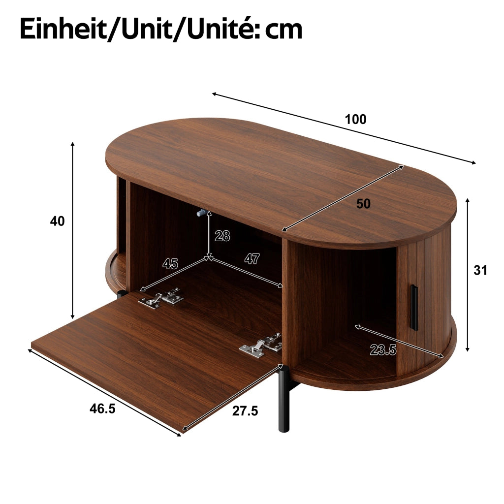 Tavolino basso ovale con ante scorrevoli in rattan e vani contenitore, per soggiorno, in MDF, noce, 100 × 50 × 40 cm