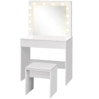 Set Tavolo da Trucco Toeletta con Specchio, 12 Luci LED, Sgabello Imbottito e Ampio Cassetto in Legno, 80x40x140 cm, Bianco