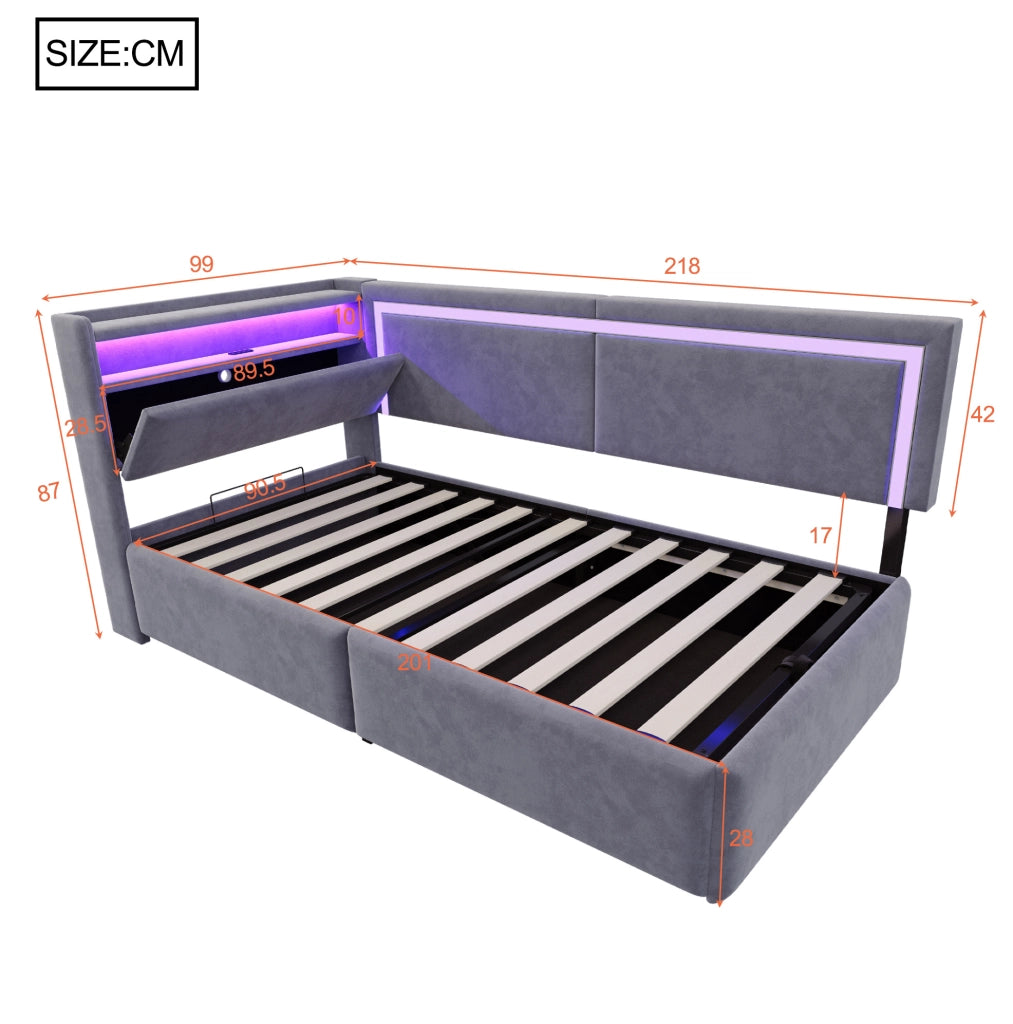 Divano letto imbottito 90x200 cm in velluto grigio con LED; USB e contenitore