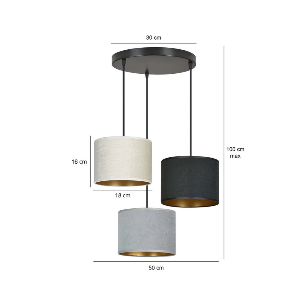 Lampada a sospensione Hilde a tre luci in tessuto effetto velluto