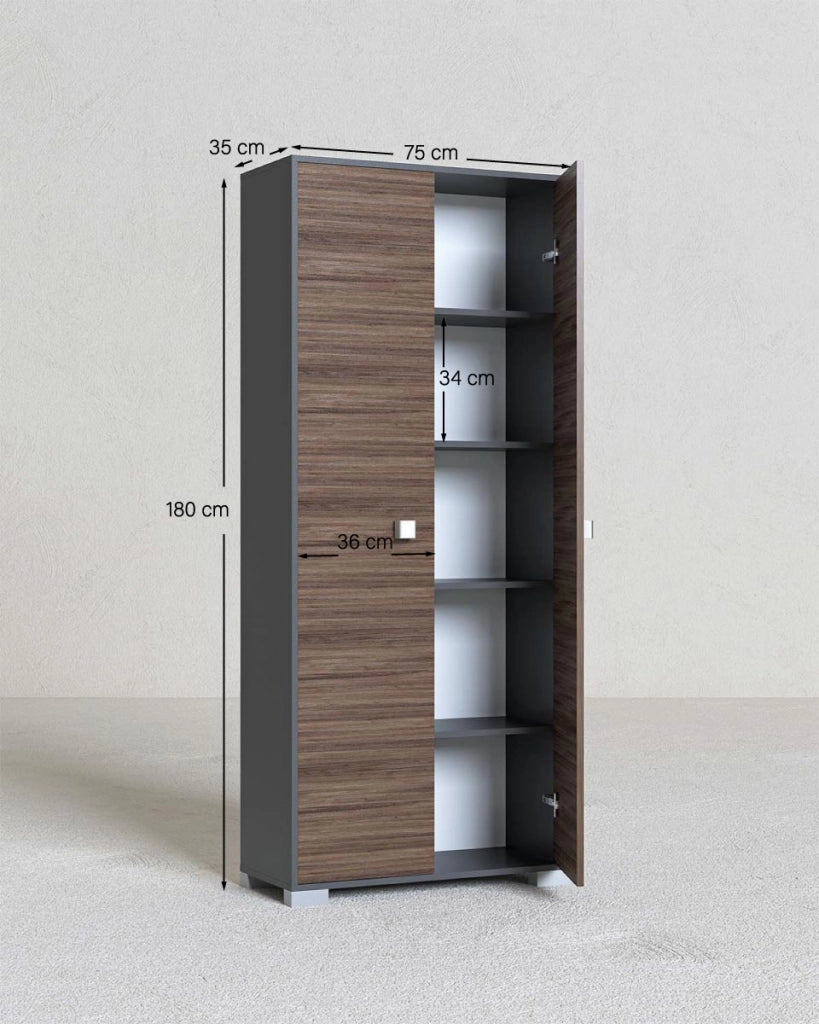 Armadio multiuso Clara 2 ante - Mobile contenitore dispensa salvaspazio - Ante in color noce e struttura antracite - 5 ripiani interni - 75x180x35 cm_