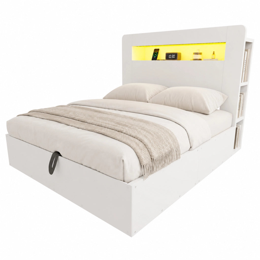 Letto Contenitore 140x200 cm e 180x200 cm con LED; prese e mensole in legno bianco