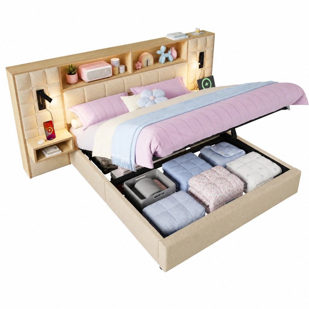 Letto matrimoniale 180x200 cm con contenitore, LED, comodini e USB Type-C, in lino beige