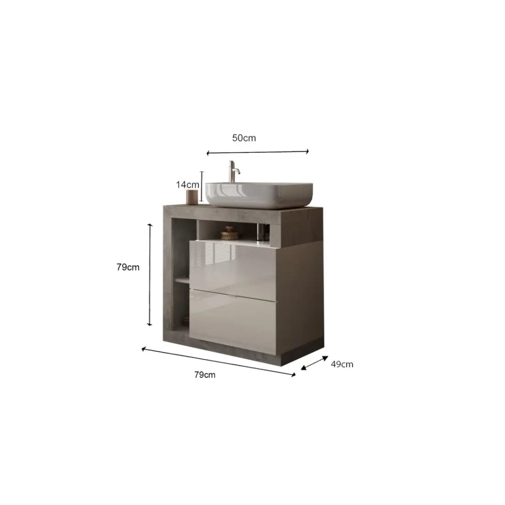 Mobile da bagno BURA – 79 cm – Bianco lucido e cemento – Lavabo incluso – 2 cassetti
