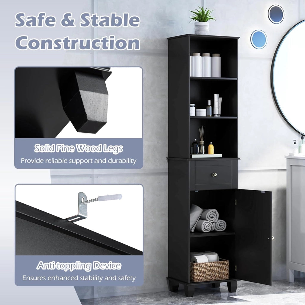 Mobile da bagno alto 172 cm, colonna bagno con 3 ripiani aperti, 1 cassetto, 1 anta e ripiano regolabile, salvaspazio, mobile portaoggetti per cucina, soggiorno (nero)