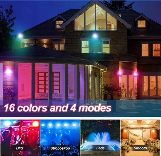 Lampada LED a distanza con comando a radio - Floodlight a larga diffusione - Proiettore LED RGB per uso interno ed esterno, giardini, terrazze, corridoi - 30W