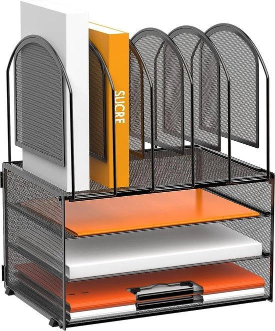Organizzatore per ufficio per carta, cassetto per lettere a 3 livelli con 5 contenitori verticali, organizzatore multifunzionale per ufficio, accessori per ufficio e organizzatore per ufficio per casa, nero