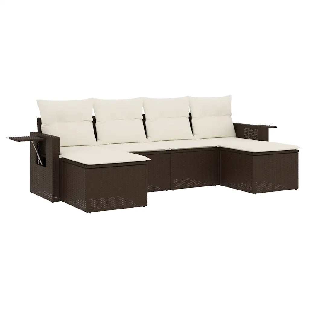 Set Divano da Giardino 6 pz | Set Salotto da Giardino con Cuscini Marrone in Polyrattan