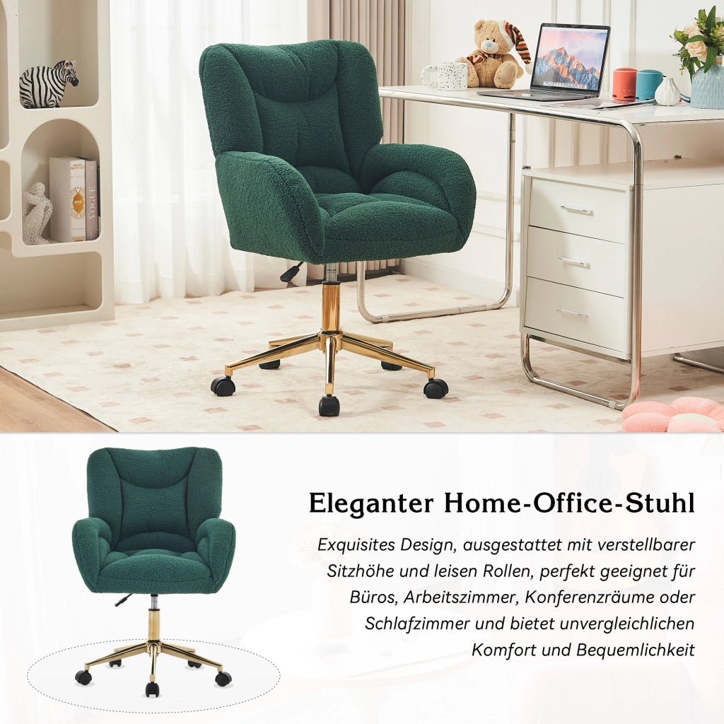 Sedia da ufficio girevole con altezza regolabile e ruote a 360 gradi, design ergonomico in tessuto teddy verde