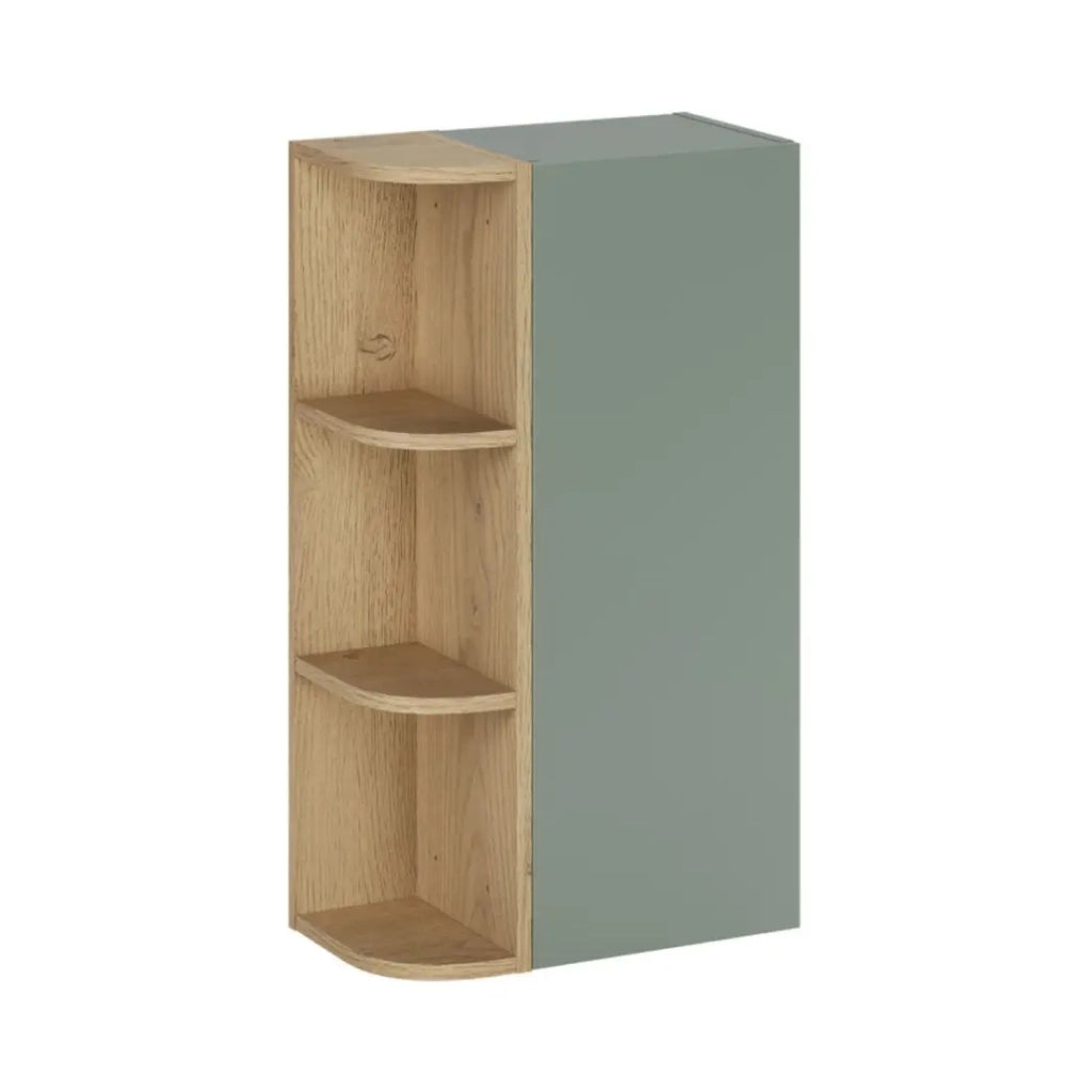 Mobiletto OSTER 45cm – mobile sospeso verde salvia con 1 porta e 3 nicchie visibili arrotondate in finitura rovere chiaro