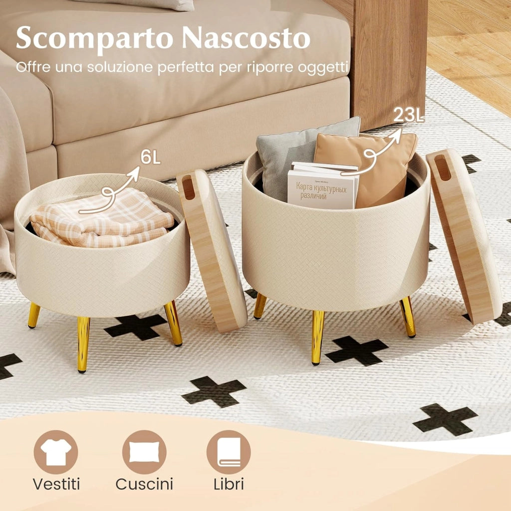 Set di 2 Pouf Contenitori Rotondi 23L + 6L, Ottomano con Vano Portaoggetti e Coperchio Rimovibile, Sgabelli da Trucco Imbottito con Gambe in Metallo, per Ingresso e Salotto