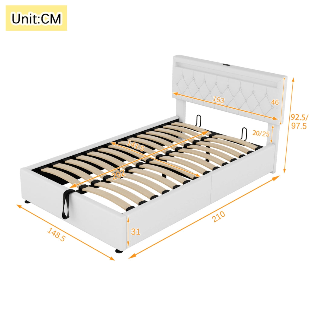 Letto imbottito 140x200 cm con contenitore; LED e porte USB/Type-C; bianco