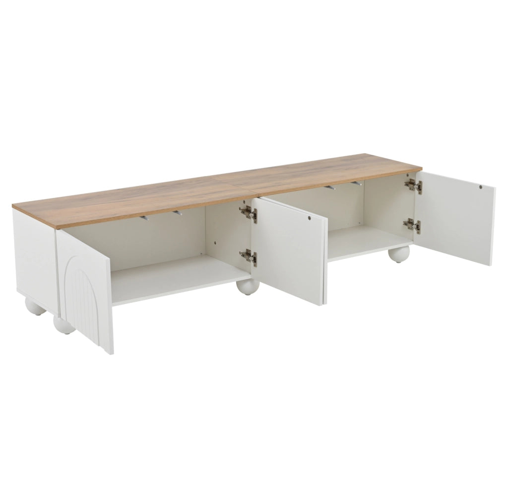 Mobile porta televisore 180x40x45 cm con 4 ante, 6 piedini metallici, bianco e effetto legno