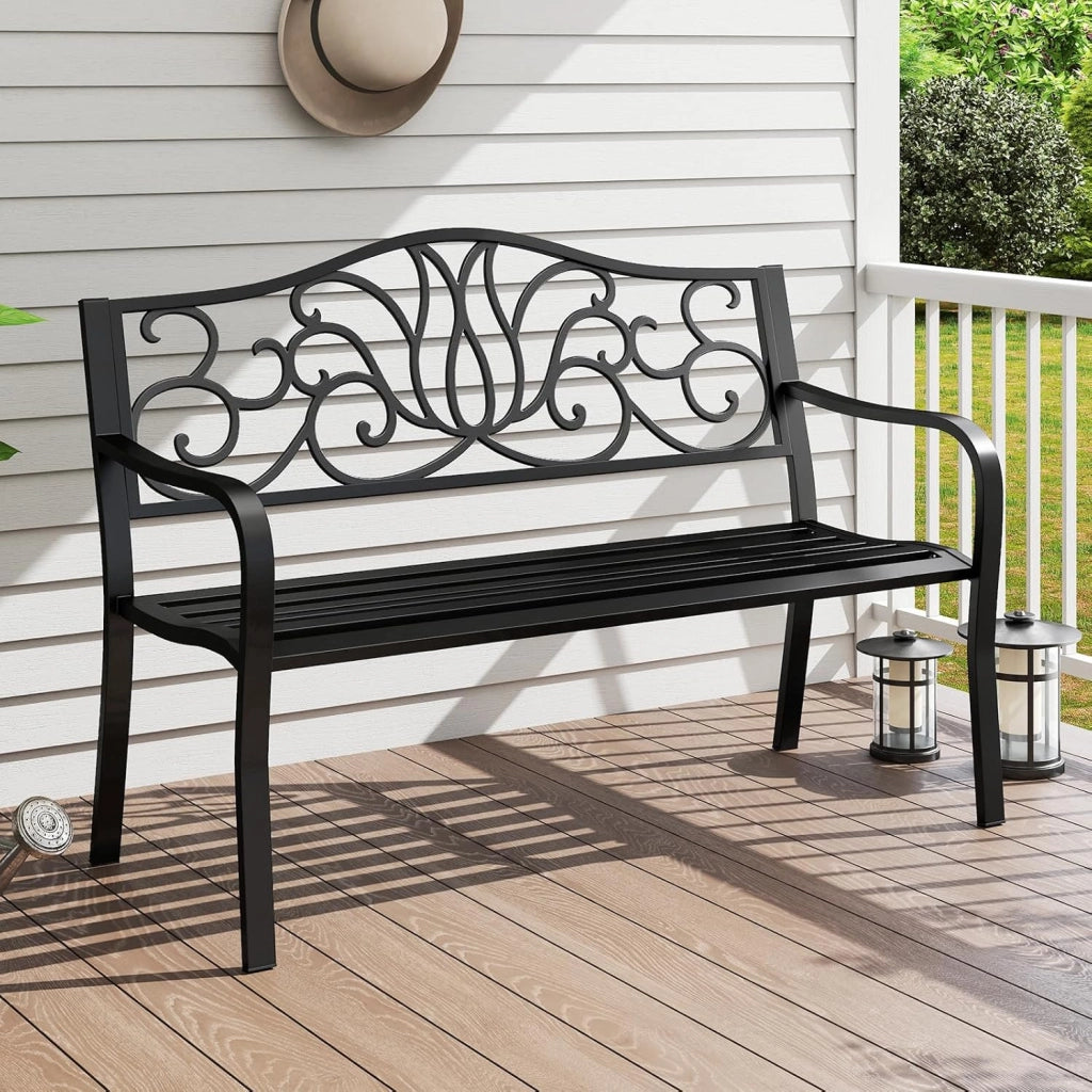 Panchina da Giardino, Panca da Esterno, Panca da Giardino in Metallo, con Schienale Decorato e Braccioli Curvi, per 2-3 Persone, Design a Doghe, per Parco, Cortile, Balcone, Nero