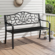Panchina da Giardino, Panca da Esterno, Panca da Giardino in Metallo, con Schienale Decorato e Braccioli Curvi, per 2-3 Persone, Design a Doghe, per Parco, Cortile, Balcone, Nero