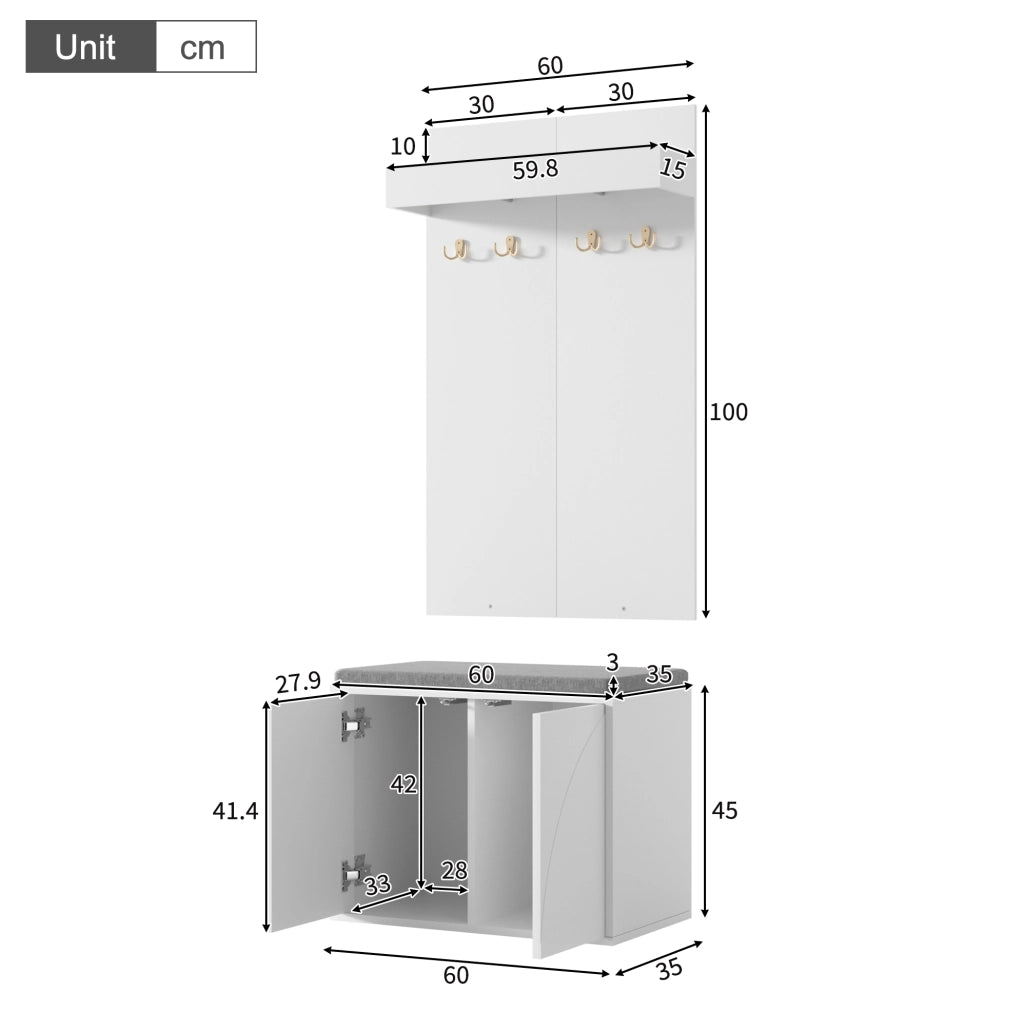 Set ingresso 3 in 1 bianco con appendiabiti, scarpiera e panca 60x35 cm