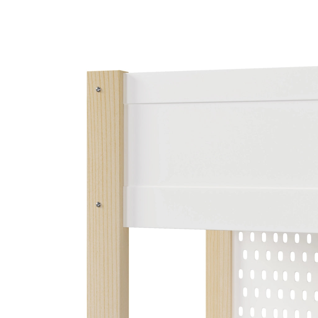 Letto a soppalco per bambini 90x200 cm, letto rialzato con scrivania integrata, pannello forato, illuminazione LED, pino, naturale e bianco