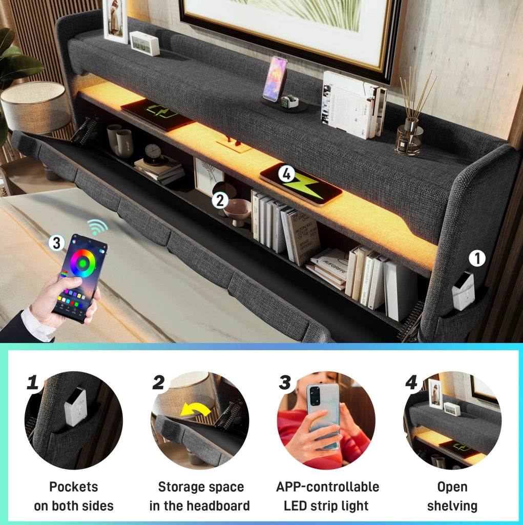 Letto singolo 90x200 cm con LED, ricarica USB-C e materasso