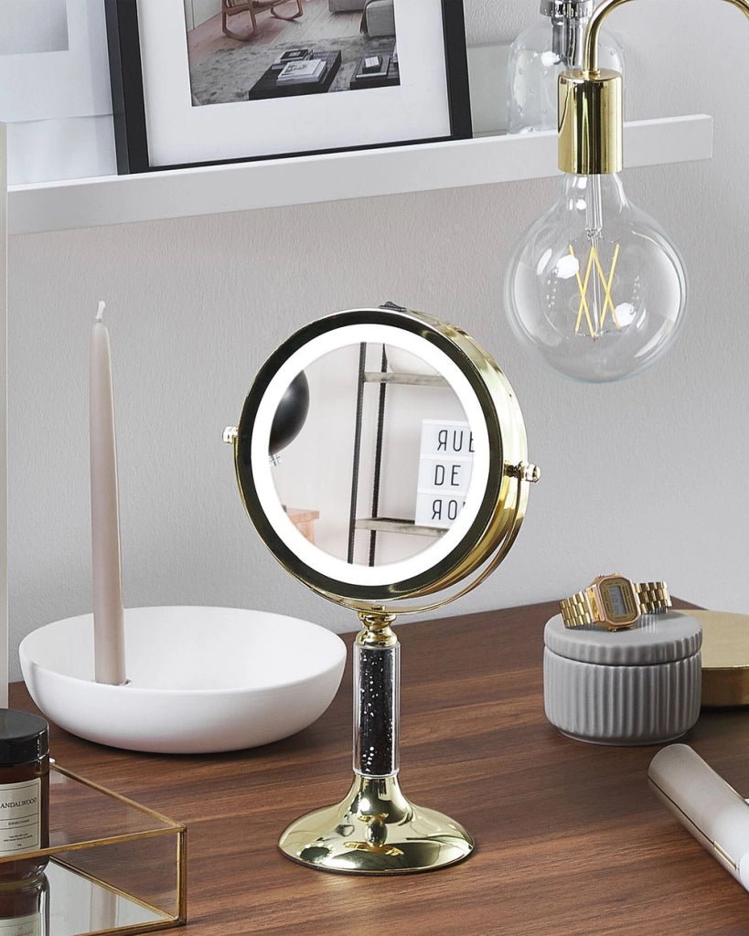 Specchio da tavolo double face per trucco a LED metallo dorato ø 13 cm 1x / 5x