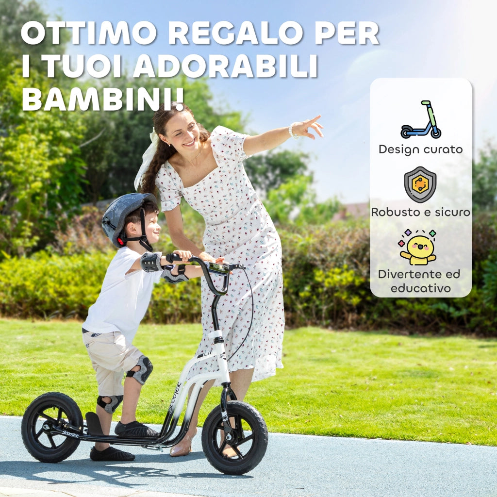 Monopattino per Bambini 5-12 Anni con Freno. Cavalletto e Manubrio Regolabile. 129x52x80-88 cm. Bianco e Nero