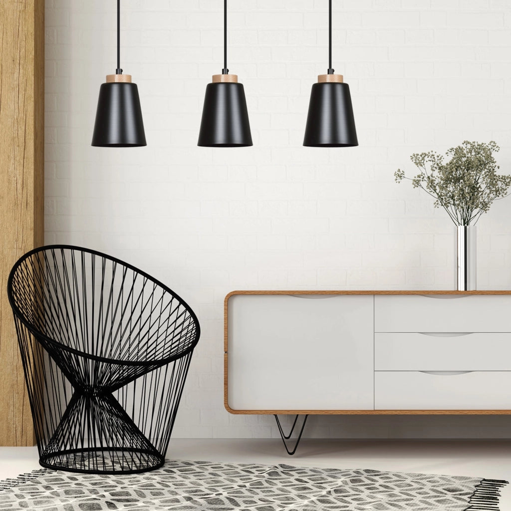 Sospensione 1 Luce Lancillotto A Cono In Acciaio Nero E Legno Naturale