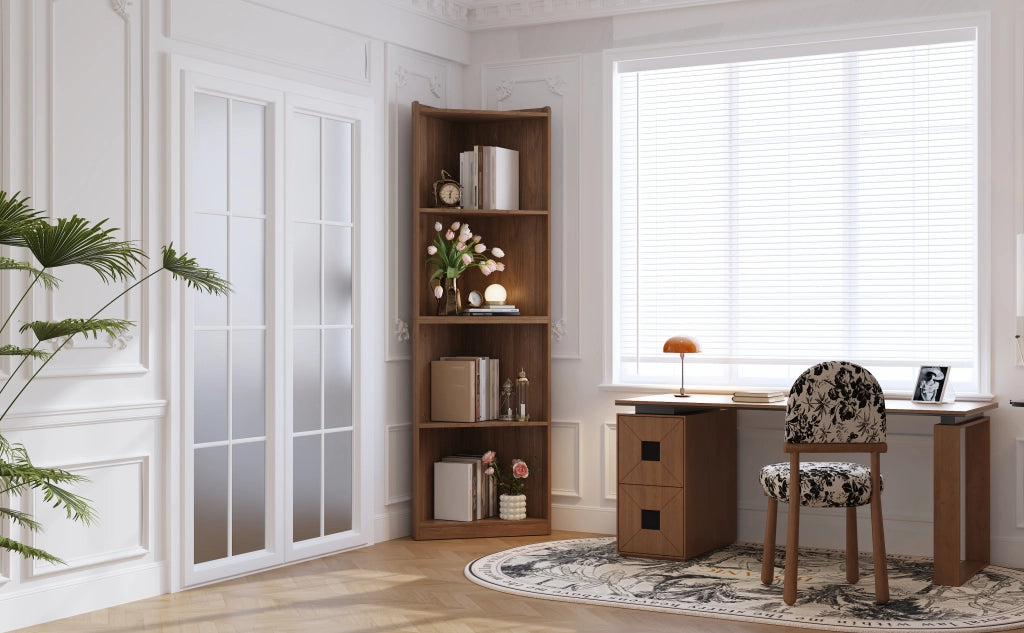 Libreria angolare salvaspazio con ripiani e dispositivo antiribaltamento per soggiorno in MDF noce 55 × 32 × 180 cm