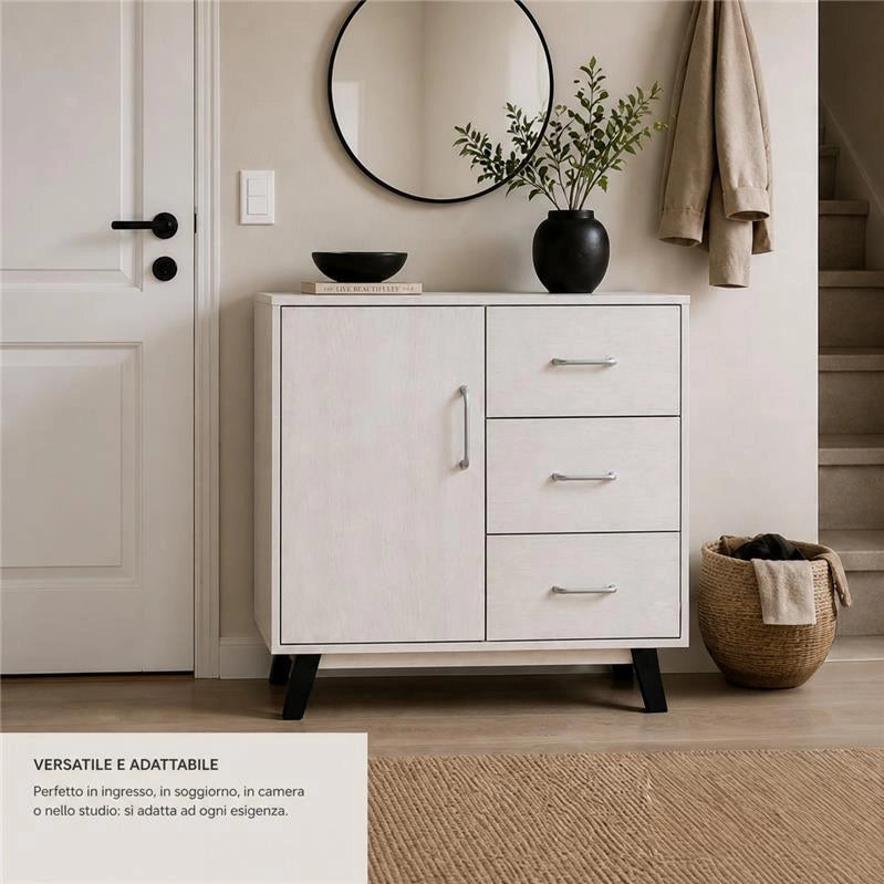 MOBILE MODERNO IN LEGNO CON 3 CASSETTI, 1 ANTA E PIANO D'APPOGGIO COLORE BIANCO DIMENSIONI 80X38X74 CM