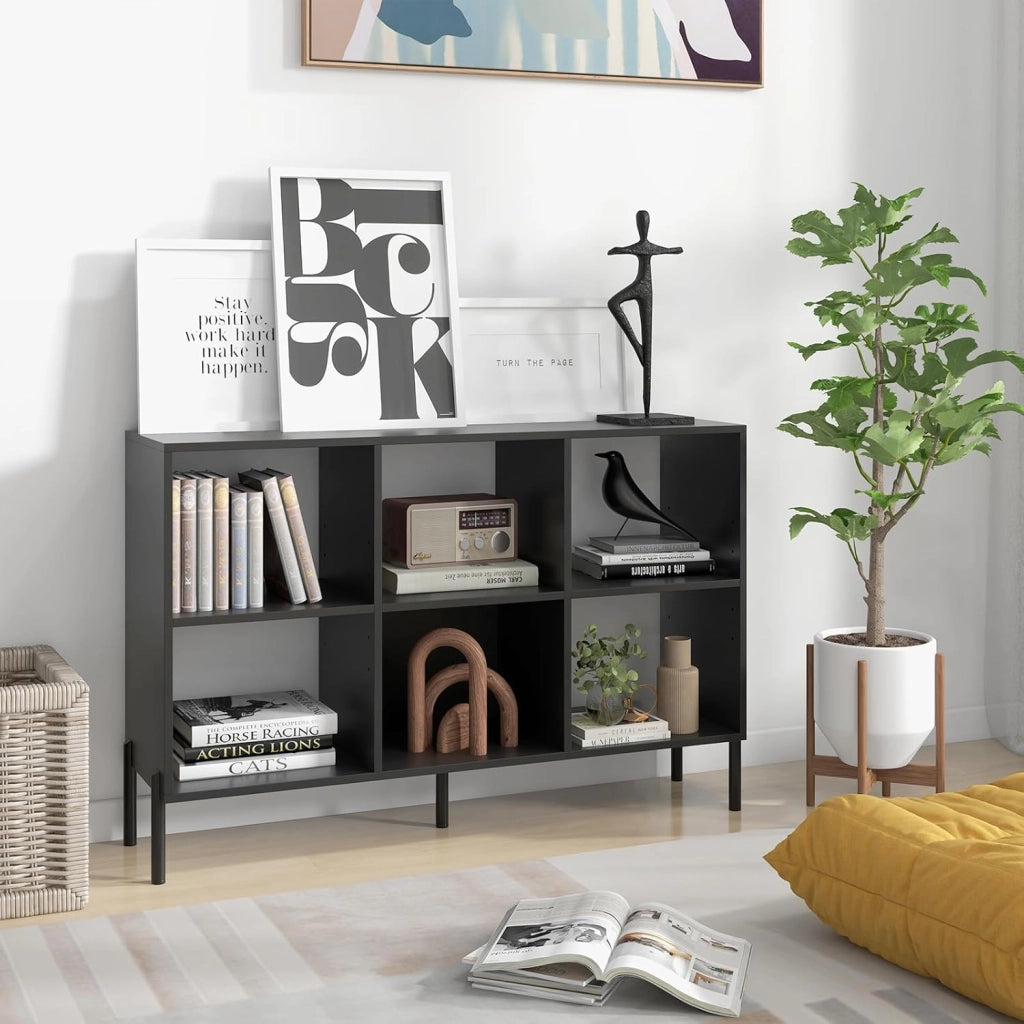 Scaffale a 6 Cubi, Libreria Aperta in Legno con Gambe Metalliche, Ripiani Regolabili in 5 Posizioni, Dispositivo Antiribaltamento, Scaffale per Casa e Ufficio, 120 x 35 x 79,5 cm (Nero)