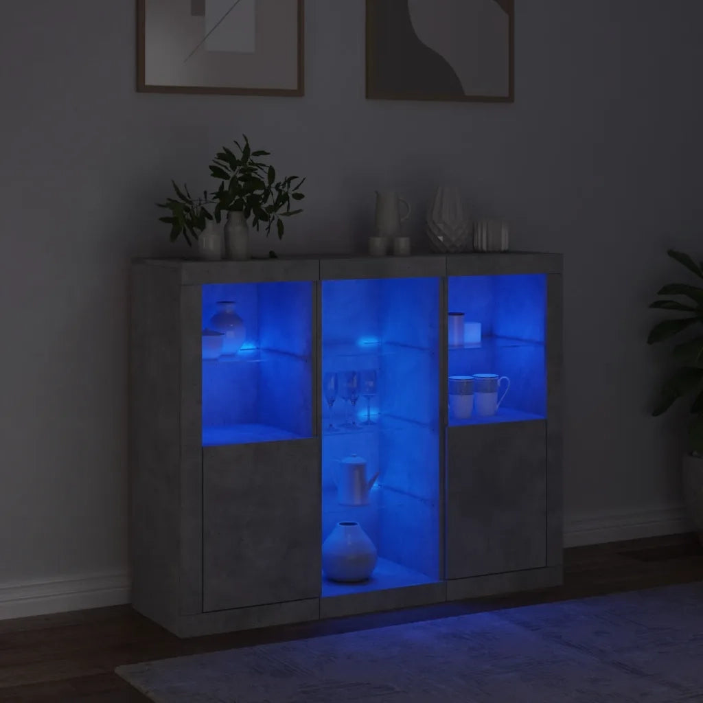 Credenze con Luci LED 3 pz Grigio Cemento in Legno Multistrato 3209124