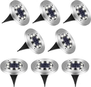 Set di 8 Lampade Solari a Terra - 8 LEDs - Energia Solare - Impermeabile IP65 - Acciaio Inox per Giardino Esterno: Piste Prato Terrazza Aree di Parcheggio Cortile Piscina Scale (Freddo Argento)