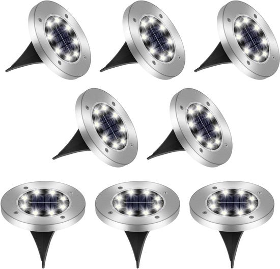 Set di 8 Lampade Solari a Terra - 8 LEDs - Energia Solare - Impermeabile IP65 - Acciaio Inox per Giardino Esterno: Piste Prato Terrazza Aree di Parcheggio Cortile Piscina Scale (Freddo Argento)