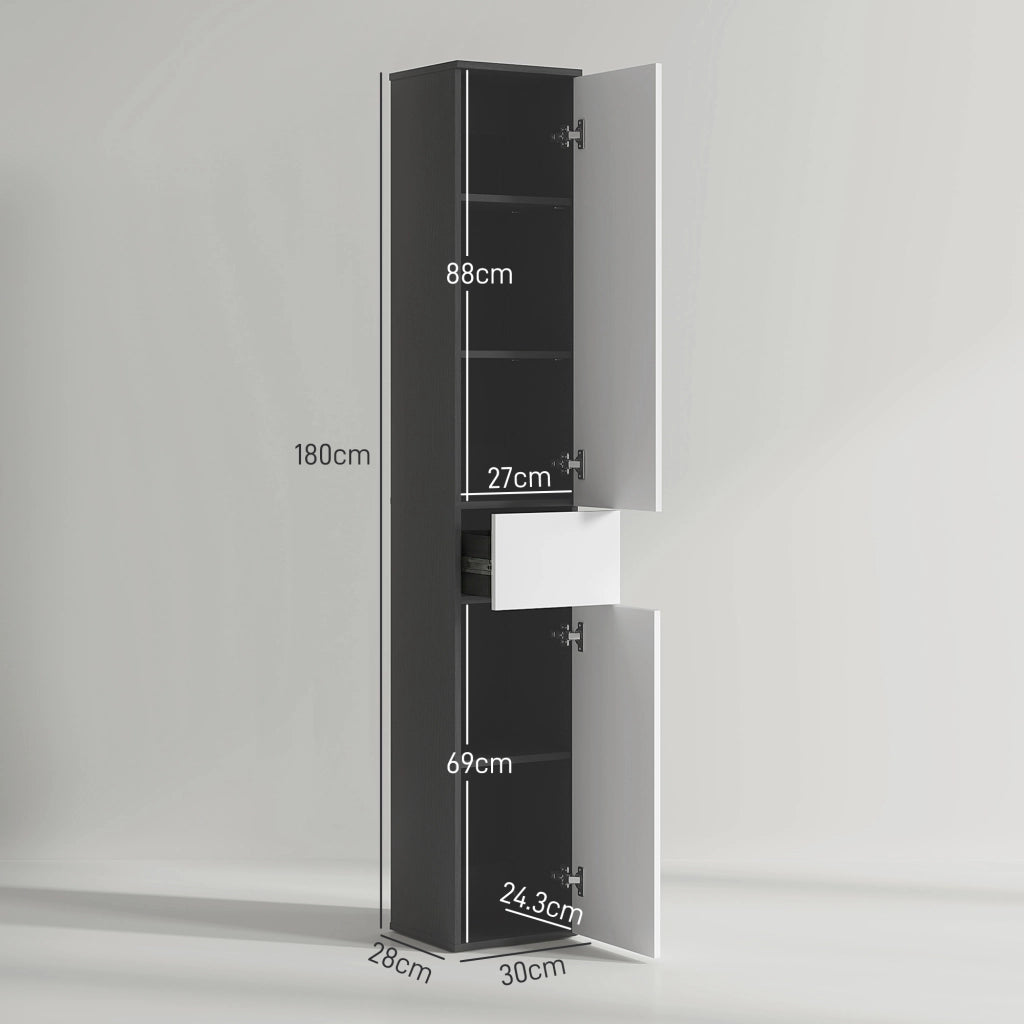 Colonna Bagno Salvaspazio in Legno con Armadietti e Cassetto ¨C zephmum ¨C 30x28x180 cm, Nero