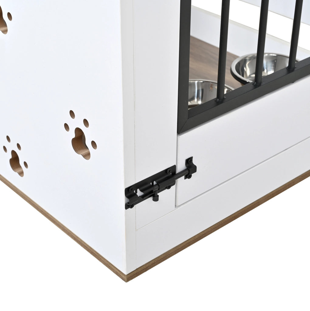 Cuccia per cani 2 in 1 con tavolino laterale; 2 ciotole in acciaio; bianco e rovere chiaro