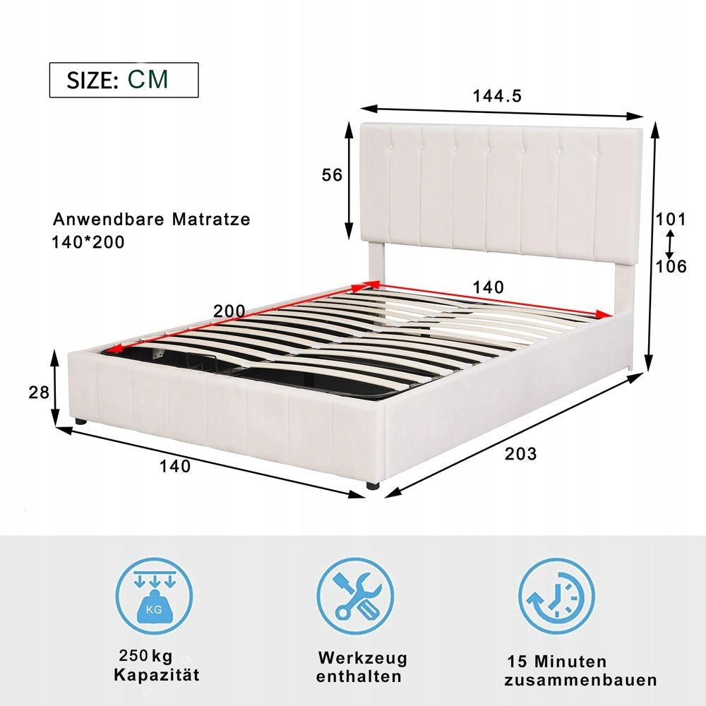 Letto con contenitore 140x200 - Xylo - Testiera regolabile idraulica colore crema