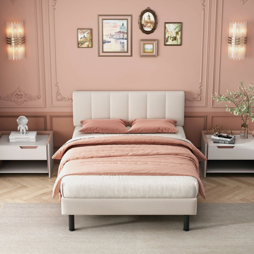 Letto Matrimoniale 140x190 cm; in Sherpa; con Rete a Doghe; Piedini in Ferro; Beige