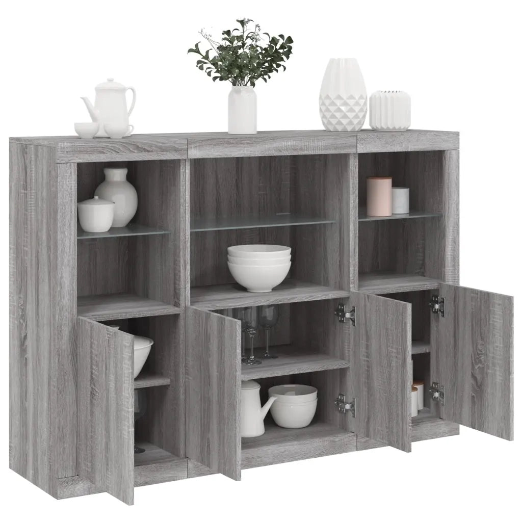 Credenze con Luci LED 3 pz | Madia | Buffet da pranzo | Armadio da pranzo Grigio Sonoma in Legno Multistrato