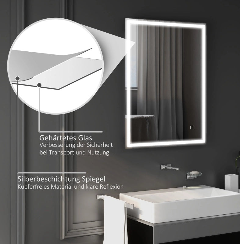 Specchio da bagno illuminato 90x70 cm con comando tattile, antiappannamento e memoria