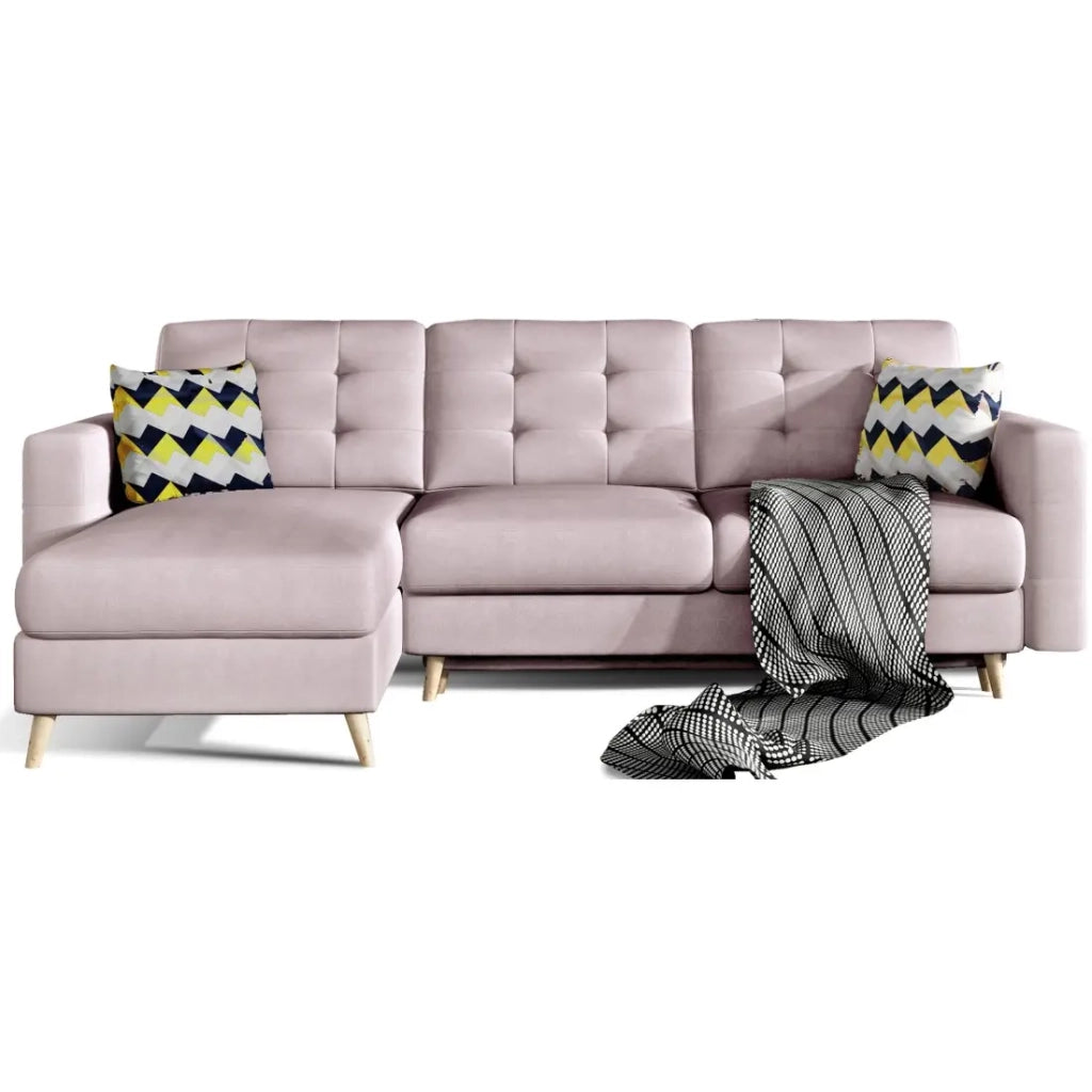 Divano angolare convertibile HASGARD 3 posti rosa 248x162 cm – con vano contenitore e piedi in legno