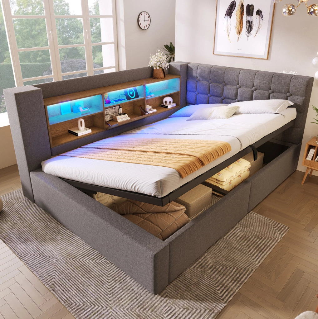Letto imbottito 140x200 cm grigio con LED, USB e contenitore