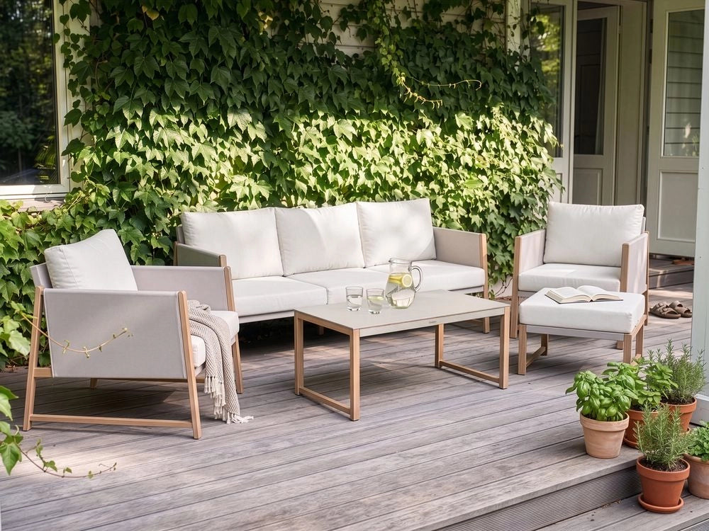 Set di divani da giardino a 5 posti Struttura in metallo beige chiaro con finitura in legno Piano in vetro Divano a 3 posti Ottomano Poltrone