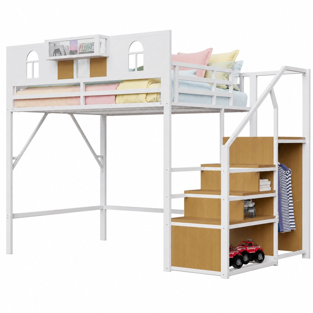 Letto a soppalco in metallo 140 x 200 cm con scala contenitore, mensola integrata e struttura robusta, bianco