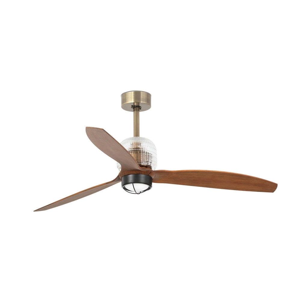 FARO Ventilatore a soffitto Deco Fan Ø1280 mm in Acciaio Oro Vecchio 3 pale Noce motore DC 6 velocita funzione inversa luce LED 3000K per soffitti inclinati FARO-33398D1N
