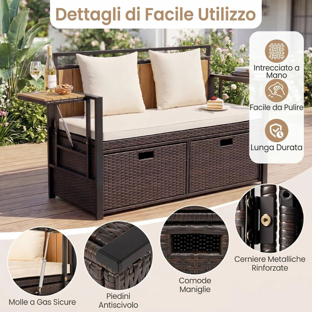Panca da Giardino con Vano Contenitore, Panchina a 2 Posti in Rattan PE, con Tavolini Pieghevoli, Cuscini Imbottiti, per Esterno, Balcone, Terrazza, 120 x 51 x 82 cm, Portata 360 kg (Beige)