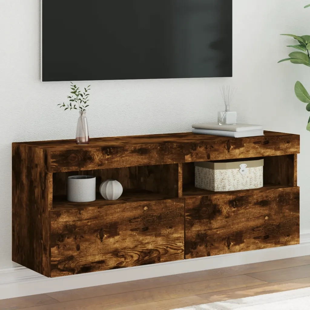 Mobile TV a Parete con Luci LED-Mobile TV a Muro Rovere Fumo 100x30x40 cm