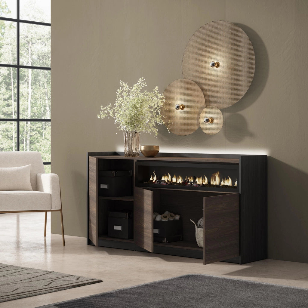 Credenza, Mobile, Cucina, 156x80x37 cm, 3 Porte, Camino elettrico, LED, Rovere scuro e Nero