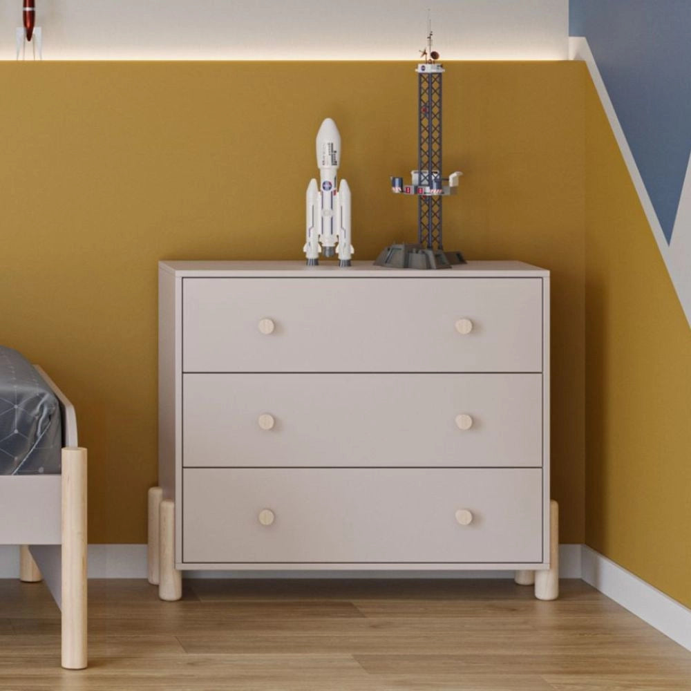 Cassettiera Enola in legno massiccio con 3 cassetti beige e gambe in pino naturale 90x40x80H