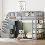OKWISH Letto a Soppalco 90×200 cm, Letto Singolo con Armadio, Scaffali, Contenitori e Scala di Sicurezza, senza Materasso, Legno Massello, Grigio