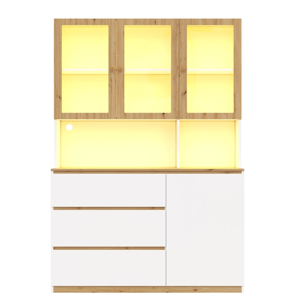 Vetrina alta multifunzione con LED, 120 x 200 cm, bianco e rovere, MDF